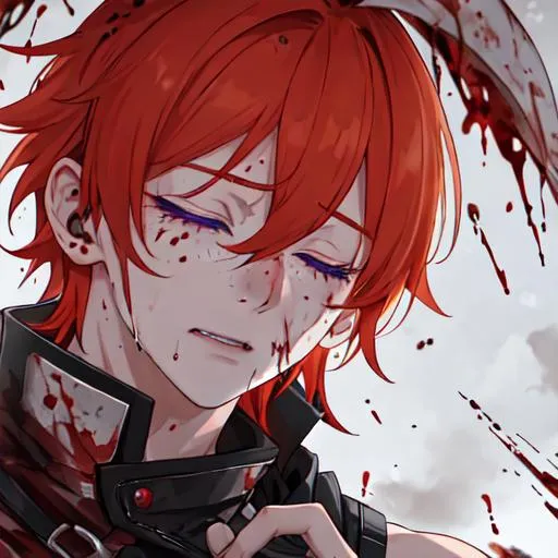 Prompt: Erikku male adult (short ginger hair, freckles, right eye blue left eye purple)  UHD, 8K, insane detail anime style, covered in blood, psychotic, covering his face with his hands, face covered in blood and cuts, blood highly detailed, crying out in pain, eyes closed