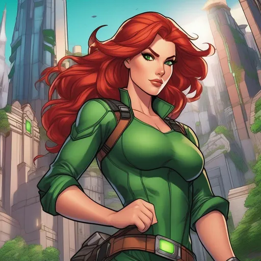 Prompt: beautiful woman with red hair and green eyes holding a large rock, comicbook art, the hard and strong buildings, animated, ultra high definition details, female floating, the emerald herald, ability image, medusa, rock climber, comic book:.2, close up image, featured art, valorant character