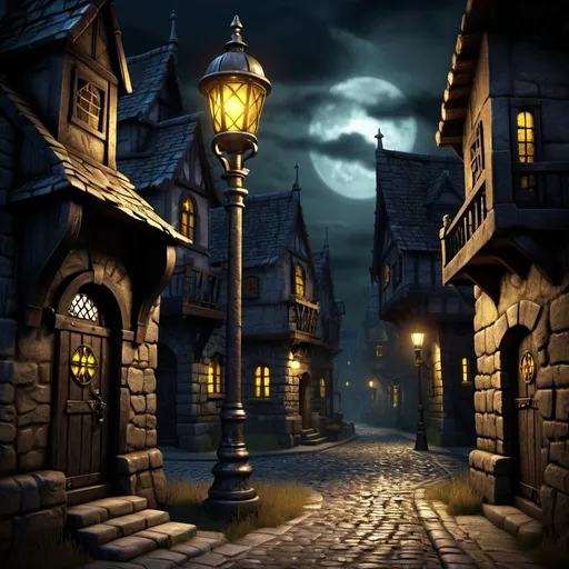 Prompt: Warhammer fantasy RPG style street lamp at night, high quality, realistic light, realistic shadows, realistic textures, detailed fantasy illustration, dimly lit cobblestone street, intricate metalwork, eerie atmosphere, dramatic shadows, warm and moody lighting, rich details, atmospheric, fantasy, RPG, ,dimly lit, eerie, dramatic shadows, warm lighting, detailed metalwork, cobblestone street, night scene, black cat with yellow glowing eyes seen in distance