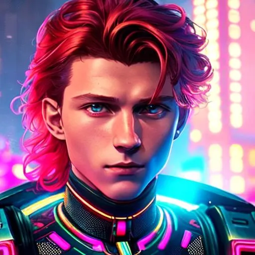 Prompt: CREEPY Android Man ((Tom Holland)) , DEAD  Eyes, Glow in Hair, intricately flowing hair, Rude Cyborg RED/CYAN GLOWING  Body, Intricate  PINK metal lace body armor, 50mm (((face close-up))), Cyberpunk Arena in the background, cinematic Shot, intricate details, Cinematic lighting, Soft light,  ((( ornamental artwork by Tooth wu and Beeple))) , insane details, photorealistic 