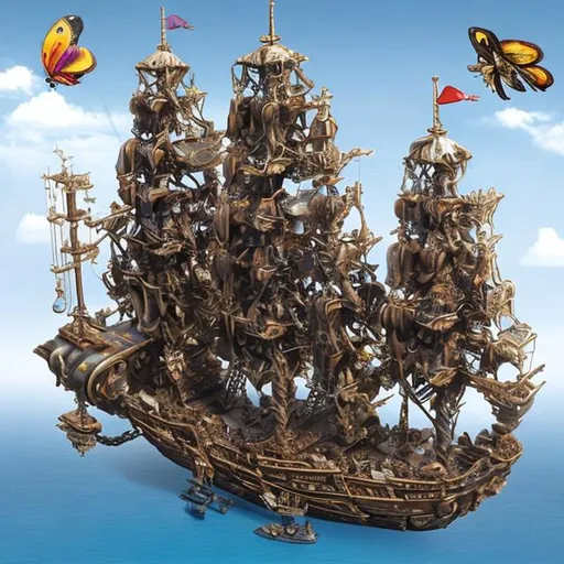 Prompt: giant pirate ship cosmic size manned by butterfly men