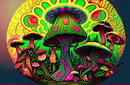 Hypnotic illustration of POT LEAVES AND MUSHROOMS, h...