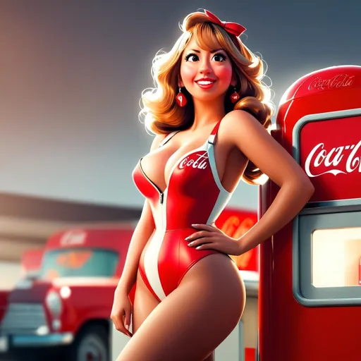 Prompt: A side profile of a stylish pin up woman. EE cup size. She is wearing coca cola full bodysuit.
gas station, coca cola expending machine.
beautiful hazel eyes, highly detailed eyes, realistic. cloudy day