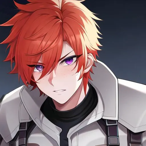 Prompt: Erikku male (short ginger hair, freckles, right eye blue left eye purple) UHD, 8K, Highly detailed, insane detail, best quality, high quality, Upset, muscular, riding a motorcycle