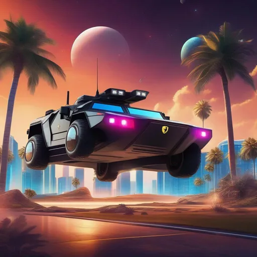 Prompt: A hovercar that looks like a Ferrari Humvee fusion, parked outside, a vehicle hovering off the ground, Space Miami Background, Planets visible in the background, Palm Trees,