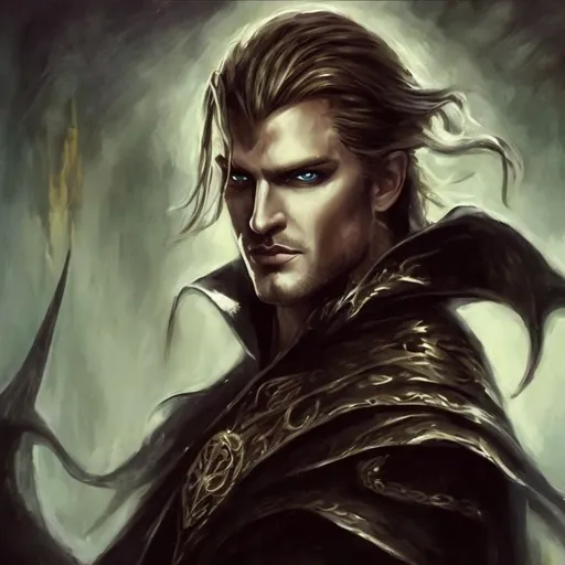 Prompt: handsome villain king, long blond hair, dark eyes, smirking, epic painting