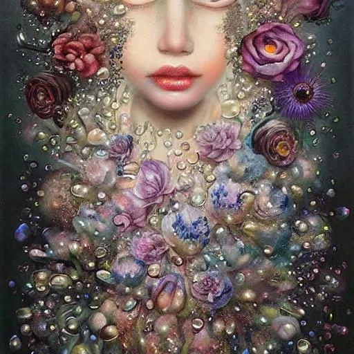 Prompt: realistic painted still life beautiful flowers by ambrosius bosschaet!!!!!, floating in the sky, iridescent water drops, crystal chandelier drops, glitter sparkles, symmetrical face, daniel merriam art, muted colors, fairy wings, nicoletta ceccoli, daniel merriam art, jennifer healey art, fantasy art, renaissance gown, hyper realistic flower bouquet painting,  soft shadows, stunning, dreamy, elegant, perfect face, sparkles, Beautiful goddess, Haute Couture, princess dress, beautiful symmetrical face, pre-raphaelite, hyper realistic soft focus feathers, fantasy steampunk, spiral staircase, vintage pocketwatch, ambrosius bosschaert art, highly detailed blooms of peonies and roses and magnolias,  ornate, style of michael parks, tom bagshaw, roberto ferri and Marco mazzoni, hyper-realistic, matte painting , enhanced, photo render, 8k, art by artgerm, wlop, loish, ilya kuvshinov, 8 k hyperrealistic, crackles, hyperdetailed, beautiful lighting, detailed background, depth of field, symmetrical face, frostbite 3 engine, cryengine, bubbles, dragonflies, garden of roses and peonies background, ultra detailed, soft lighting, infinite depth, incredibly detailed, ultra realistic, high index of refraction, hyper realistic elegant smooth sharp clear edges, sharp focus, wide angle perspective, ultra realistic, sense of high spirits, volumetric lighting, occlusion, Unreal Engine 5 128K UHD Octane, fractal, pi, fBm