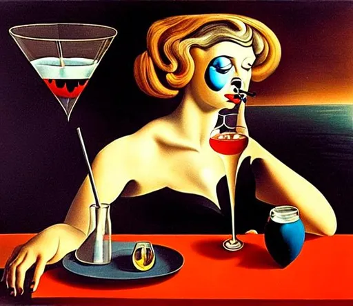 Prompt: woman smoking in a bar sitting in martini glass situated in a dessert salvator dali painting