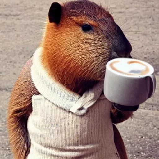A capybara wearing a cardigan drinking coffee | OpenArt
