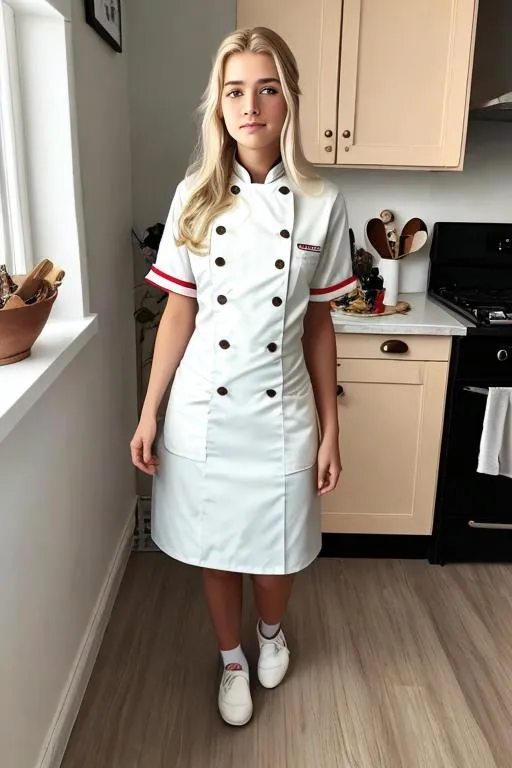 Prompt: Danish Girl 17yo, Chef uniform, blonde hair