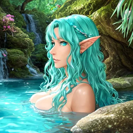 Prompt: a beautiful 47-year old female nymph druid from D&D who lived in a pool by a waterfall in the middle of the forest, very small with light aquamarine skin, dark green-colored wavy hair, and coral-colored fins for ears, eyes a clear crystal blue
