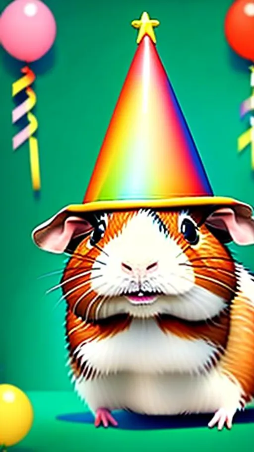 Prompt: Small guinea pig with a birthday hat having a good time at his birthday party, he have a cake and lot of present around. Highly detailed, ghibli studio anime style 