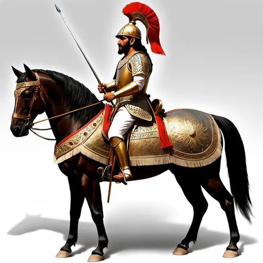 Prompt: A skilled Sassanid general named Farid, who would be considered one of the greatest generals of antiquity/ early medieval history. This is his armaments appearance:
New Armaments:
Composite Bow: Farid now wields a composite bow, renowned for its power, accuracy, and durability. Crafted from a combination of wood, horn, and sinew, this bow delivers formidable force with each shot, capable of piercing armor and striking down foes at great distances. It is adorned with intricate carvings and embellishments, reflecting Farid's status as a nobleman and military leader.
Javelins: In addition to his bow, Farid carries a set of javelins for throwing at enemy formations or individual targets. These javelins are balanced for accuracy and penetration, allowing Farid to strike with deadly precision from a distance. They are adorned with decorative tassels and feathers, adding to their aesthetic appeal.
Spear: Farid now carries a spear as a versatile weapon for both mounted and dismounted combat. This spear features a sturdy shaft made of hardwood, tipped with a sharp steel point for thrusting and stabbing. It is adorned with ornate engravings and inlays, signifying Farid's rank and authority as a Spahbed in the Sasanian Empire.
New Horse Armor:
Farid's steed, named Azar, is now equipped with a suit of horse armor befitting its master's status and renown. The barding consists of interlocking metal plates or scales, providing comprehensive protection to Azar's chest, flanks, and hindquarters. It is adorned with intricate patterns and designs, symbolizing the glory and valor of the Sasanian Empire.
Helmet: Azar's armor includes a helmet-like caparison covering its head and ears, offering additional protection against enemy attacks and projectiles. It is adorned with plumes of feathers or horsehair, adding to Azar's majestic appearance on the battlefield.
Decorative Accents: Azar's armor is embellished with decorative accents such as engraved motifs, gemstone inlays, and tassels, reflecting Farid's wealth and taste as a nobleman and warrior. These ornamental elements serve to enhance Azar's appearance while also providing functional benefits in combat.
Overall, Farid's new armaments and horse armor enhance his martial prowess and prestige on the battlefield, ensuring that he and his steed are well-prepared to face any challenges that may arise in the service of the Sasanian Empire. (from chatgpt)