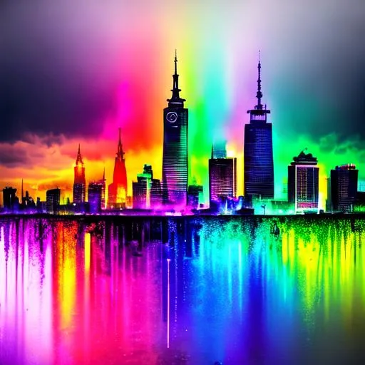 Prompt: Skyline cologne, rainy day,  colone pride, rainbow colors, Hyperrealistic, splash art, concept art, mid shot, intricately detailed, color depth, dramatic, side light, colorful background, detailed matte painting, deep color, fantastical, intricate detail, splash screen, complementary colors, fantasy concept art, 8k resolution