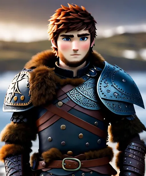 Prompt: Please produce a viking young man of 20-years-old from How to Train Your Dragon, photo session, brown hair, short hair, (((full body visible))), looking at the viewer, portrait, photography, detailed skin, realistic, photo-realistic, 8k, highly detailed, full-length frame, High detail RAW color art, piercing, diffused soft lighting, shallow depth of field, sharp focus, hyperrealism, cinematic lighting