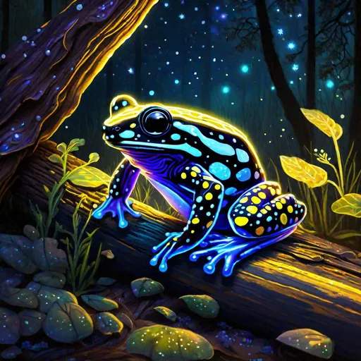 Prompt: A celestial translucent corroboree frog that is glowing, hiding under a log, in a forest, sunset, beneath the stars, bioluminescent, highres, best quality, concept art