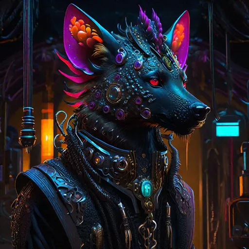 Prompt: "head and shoulder face portrait of a dragon hyena with tentacles wearing cyberpunk filigree tech-wear standing inside a dark gothic cluttered living space, Hyperrealistic, splash art, concept art, mid shot, intricately detailed, color depth, dramatic, 2/3 face angle, side light, colorful background"