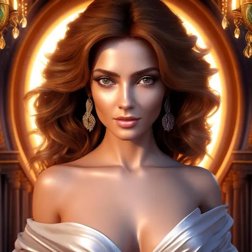 Prompt: HD 4k 3D 8k professional modeling photo hyper realistic beautiful  woman ethereal greek goddess of caution
red hair hazel eyes gorgeous face olive skin beautiful robes jewelry full body surrounded by magical glowing light hd landscape background in palace sitting