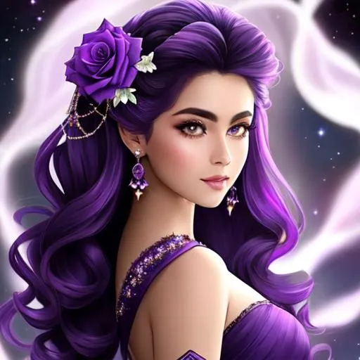 Prompt: Cosmic Epic Beauty, Beautiful and Gorgeous, purple roses in hair