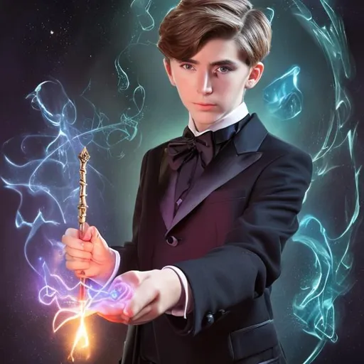 Prompt: Three 13-15 year old magic boy in a tuxedo casting magic spells  with a magic wand