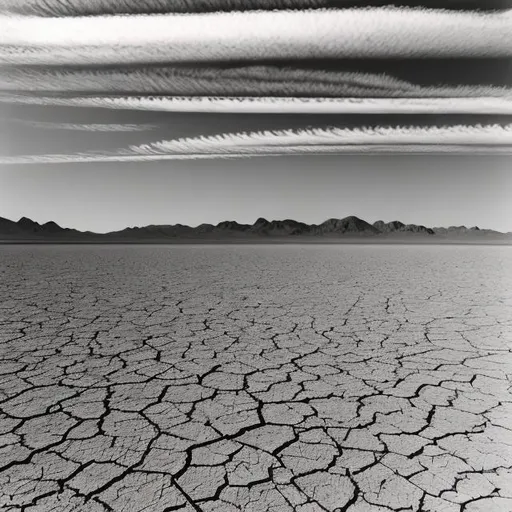 Prompt: In the middle of the desert, a huge lake that has dried up with many five foot holes  It is barren and dry and hot. There are no clouds because it never rains and there is no water to evaporate to the air. There is hot dry cracked land as far as the eye can see. Mountain scape in distance. 