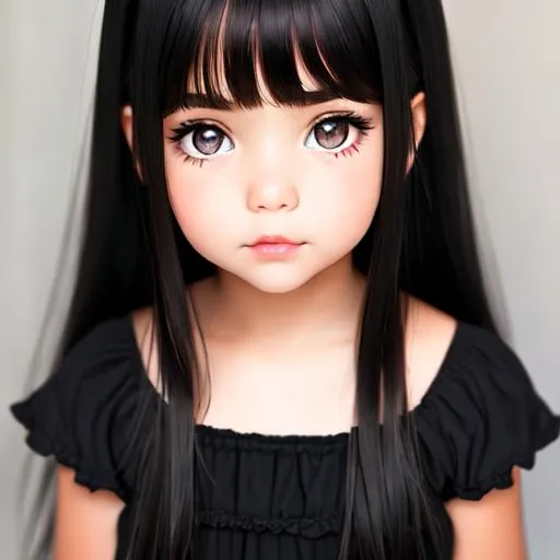 Prompt: little girl with black hair and big hazel eyes, darker colors