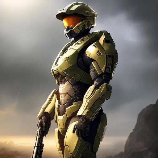 Prompt: Professionally illustrated art of a marine from Halo standing in the rain, intricate details, full-body portrait, headshot, HDR, 64K, highly detailed, bright sun rays, best version