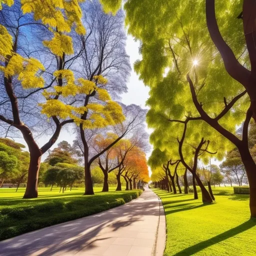 Prompt: trees, astonishing walking path along with leaves, corner flowers