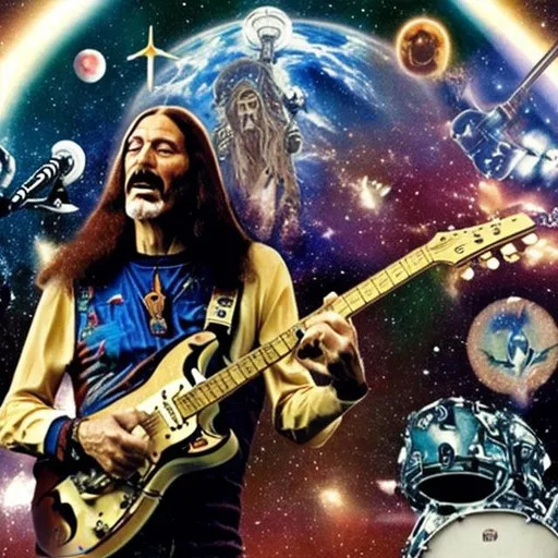 Prompt: actual photo of astronaut jesus playing guitar with all members of hawkwind, surprise me