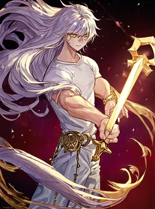 Prompt: 16 years old boy in a fantasy world with a white t-shirt and white long hair and yellow gold eyes who learns magic and have a magic wand on his hand, with a huge amount of muscles and have a heavy sword on his back and, he tall 1.97 meters