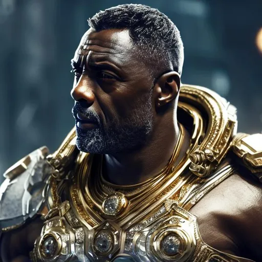 Prompt: idris elba, detailed face, muscular, white toga, gold jewelery, scifi
