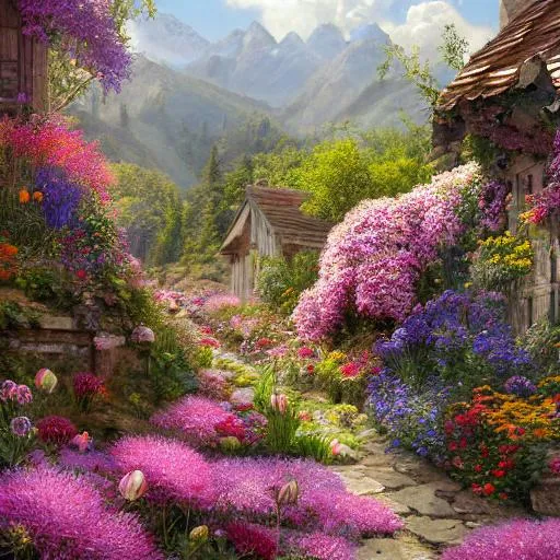 Prompt: Spring, beautiful valley of flowers, cobblstones ,realistic flowers, beautiful sunny day, heavenly flowers, sun shining, the most beautiful flowers in the world that people have never seen, cottage with beautiful flowers growing around it, henryk siemiradzki style, perfect composition, beautiful detailed intricate insanely detailed octane render trending on artstation, 8 k artistic photography, photorealistic concept art, soft natural volumetric cinematic perfect light, chiaroscuro, award - winning photograph, masterpiece, oil on canvas, raphael, caravaggio, greg rutkowski, beeple, beksinski, giger