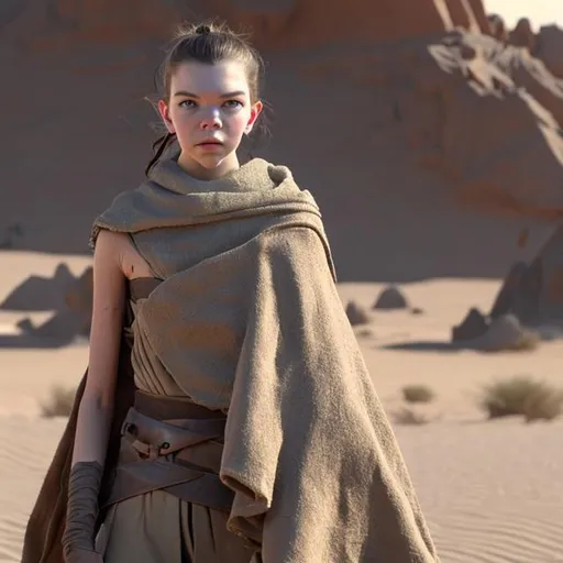 Prompt: anya taylor-joy, detailed face, skinny, anorexic, tall, military, robot arm, desert armor, rey starwars, bandaged arms, tan poncho, desert, mountain, scifi, futuristic