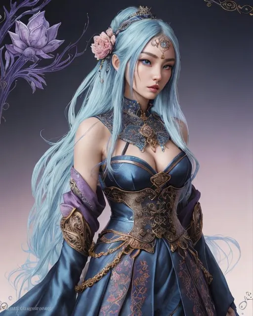 Prompt: Create a fantasy style ultra Intricate detailed mythical style "top of the world". Focused on an hyper cute young slender female random color hair woman, intricately detailed piercing blue eyes, alluring gaze, healthy Asian features and skin, proportionate cleavage, wearing an iron slave collar, wearing multi color silk robes,

Professional Photo Realistic Image, RAW, artstation, splash style dark fractal paint, contour, hyper detailed, intricately detailed, unreal engine, fantastical, intricate detail, steam screen, complementary colors, fantasy concept art, 8k resolution, deviantart masterpiece, splash arts, ultra details Ultra realistic, hi res, UHD, 64k, 2D art rendering, depth of field 4.0, APSC, ISO 1600, zoom 0.5
