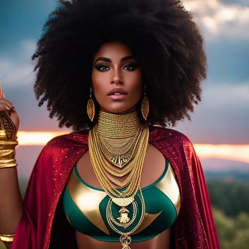 Prompt: {highly detailed, masterpiece, 4k hdr}. An Attractive African American Wizard, thick thighs, gold jewelry {dollar symbol, Necklace}, skimpy Bikini {spandex}, cloak 