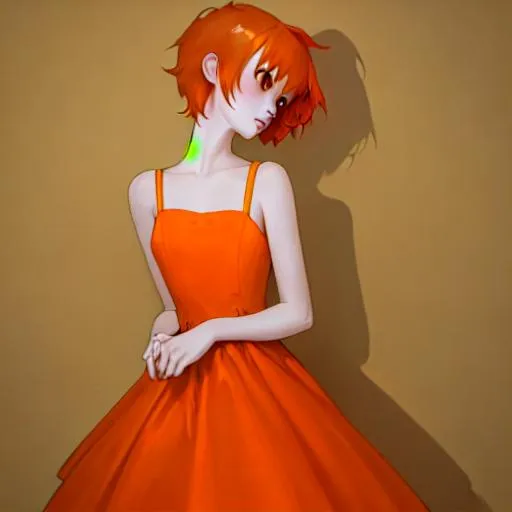 Prompt: girl with orange short hairs orange hairs  buetiful orange dress