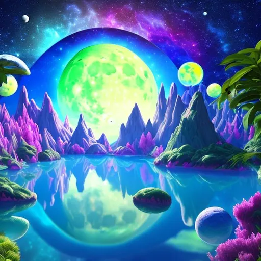 Prompt: Description: Use this prompt to generate a word-to-picture AI image that encompasses the aesthetic of "Lunarpunk Dreamscape". Combine lunar and celestial imagery with futuristic and eco-conscious elements. Capture the essence of a dreamy and fantastical environment, incorporating vibrant colors, cosmic symbolism, and futuristic landscapes. Let the generated image reflect the unique blend of lunarpunk, eco-consciousness, and surrealism that defines the "Lunarpunk Dreamscape" aesthetic.