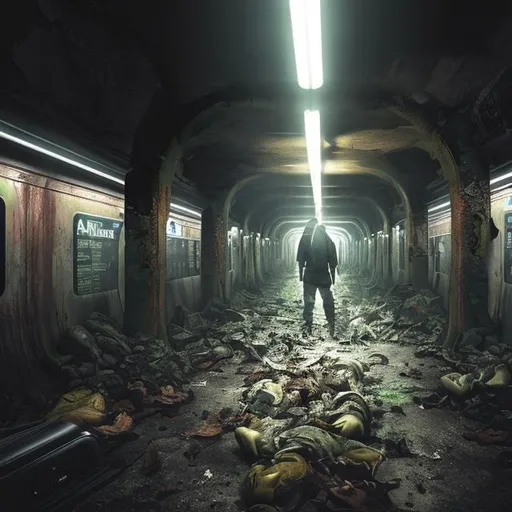 Prompt: ruined subway with flashlight on the ground facing monster