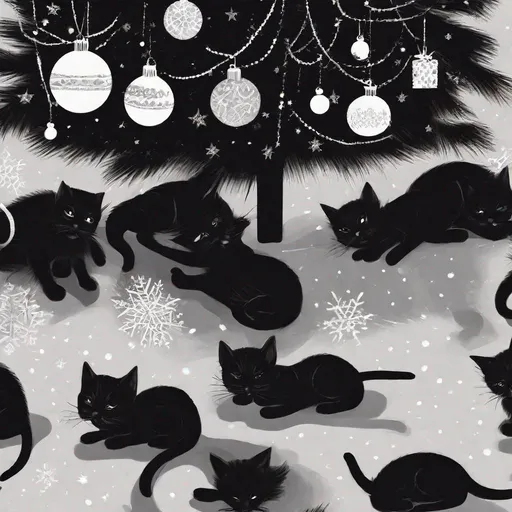 Prompt: kittens sleeping under a black christmas tree