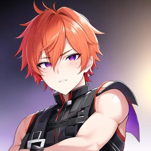 Prompt: Erikku male (short ginger hair, freckles, right eye blue left eye purple) UHD, 8K, Highly detailed, insane detail, best quality, high quality, Upset