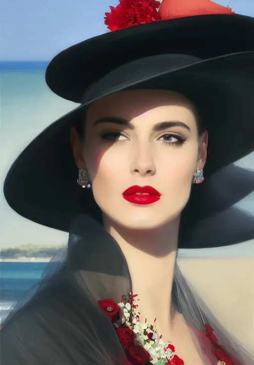 Prompt: elegant lady in a red long dress in the whole body on the seaside. she is wearing a hat with fancy flowers. illustration for fashion magazine. Beautiful visible face, hyper detail clear focus by Demiurge Ash, Irina French, Dang My Linh, pino daeni 