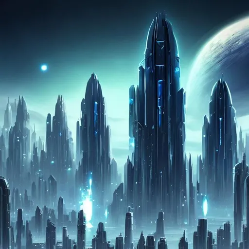 Prompt: Futuristic Tall black towers on deep dark ocean dark sky spaceships night lights hover ships dark tall city lots and lots of small floating ships hovering above clouds big planet with rings closeby spaceships hovering super tall mega skyscraper