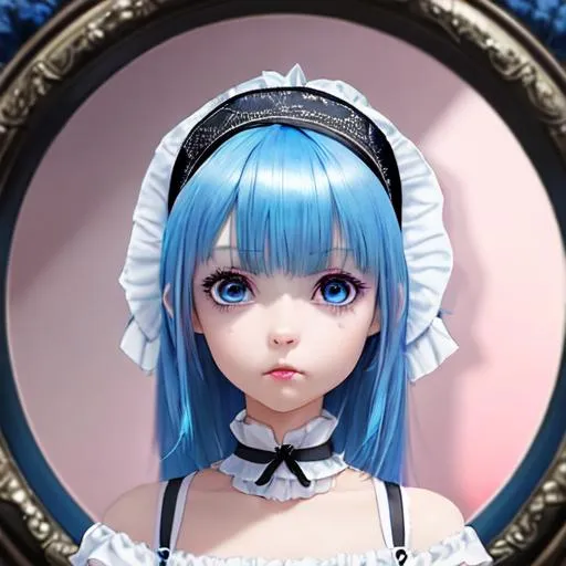 Prompt: Gorgeous Girl, Blue Hair, Bangs, Maid Outfit, Hairband, Pink Hair Pins, Extremely Detailed, Sharp, Masterpiece, Skinny, Character Portrait, Looking At Camera, Symmetrical, Soft Lighting, Cute Big Circular Reflective Eyes, Pixar Render, black skin, Unreal Engine Cinematic Smooth, Intricate Detail, anime Character Design, Unreal Engine, Vintage Photography, Beautiful, Tumblr Aesthetic, Retro Vintage Style, Hd Photography, Hyperrealism, Beautiful Watercolor Painting, Realistic, Detailed, Painting By Olga Shvartsur, Svetlana Novikova, Fine Art, Soft Watercolor