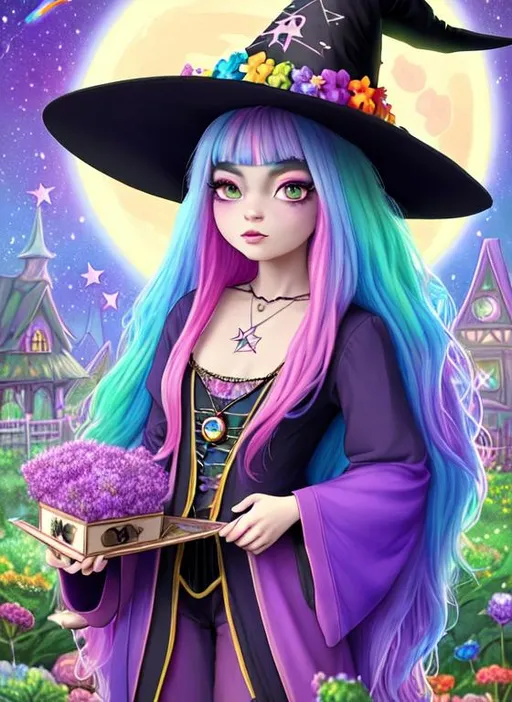 Prompt: witch with rainbow hair, large chest, holding tarot cards, wearing witch hat, cute, flowers, aesthetic, pastel, fairycore, disney, pixar, moon, stars, witchcraft, in a starry pastel sky,  garden, sweet, dreamy, award winning illustration, artstation, highres, hyperrealistic, large eyes, celestial, sci-fi, fantasy, cottagecore