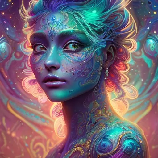 Prompt: Heavenly fantasy celestial female, bioluminescent prismatic opaline, colorful tribal tattoos, Illustration, Beautiful, Detailed, Intricate, Painting, Vibrant, intricate Design, Landscape, Cinematic, Photoreal, 4k, 8k, other Worldly, trending on Artstation, deviantart, styled like Wlop on artstation, Magical, golden hour, Closeup face portrait of Bella Hadid, smooth soft skin, big eyes, beautiful intricate colored hair, symmetrical, anime wide eyes, concept art, digital painting, looking into camera, hyperminimalist