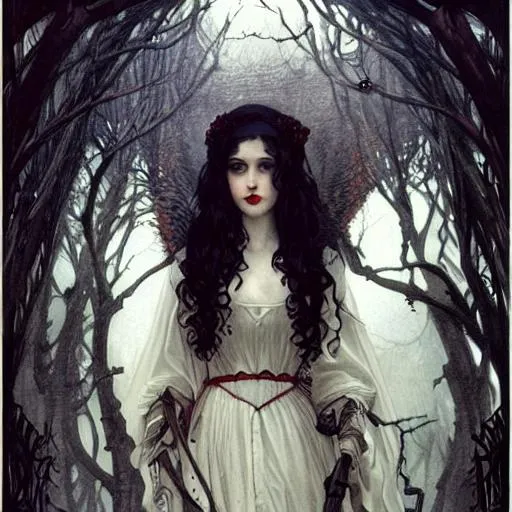 Prompt: Snow White as a vampire queen, long curly hair, intricate, elegant, highly detailed, extremely detailed face, HD, digital painting, smooth, sharp focus, illustration, art by greg rutkowski and alphonse mucha and John William Waterhouse, dark, eerie, gothic, creepy, horror