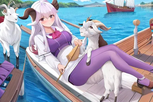 Prompt: goat girl with goat on a boat sailing purple