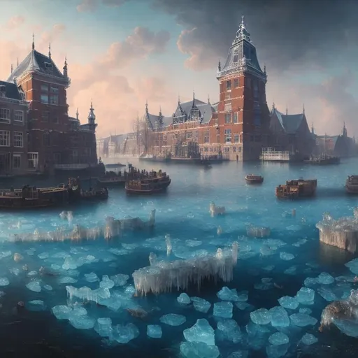 Prompt: "The large channel is covered in thick, translucent blue ice. At sunset. the old palaces of Amsterdam are reflected there multicolored and incandescent. hyperdetailed detailed matte painting oil on canvas"
