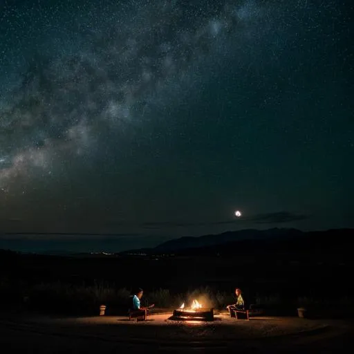 Prompt: long wide view photo highway, quiet, night, starry sky, full moon, serene atmosphere with the silhouette of the hills seen in the distance people who were sitting by the fire ultra hd