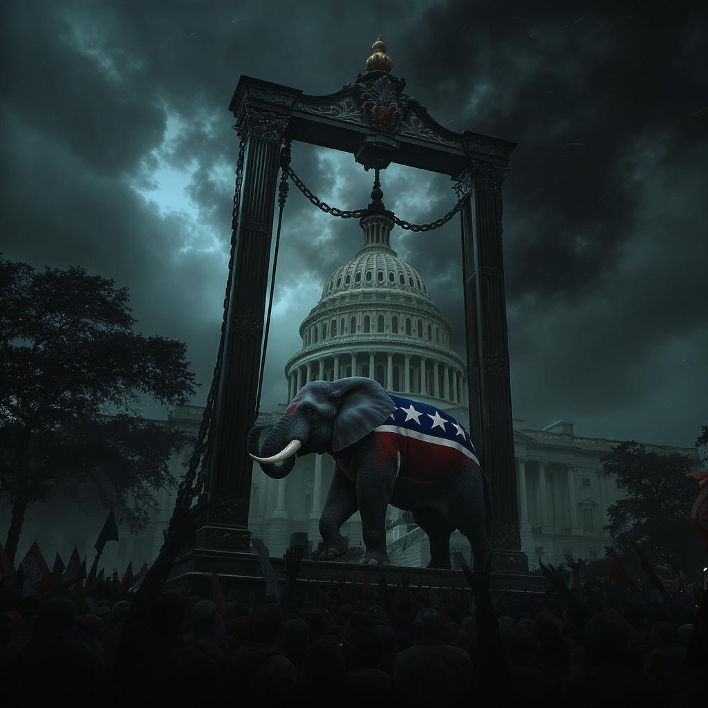 Prompt: Create the GOP elephant in a guillotine in front of the Capitol building